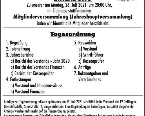 Jahreshauptversammlung TV Oeffingen 26.07.2021